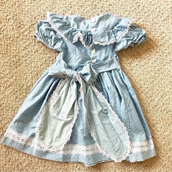 Vintage Handmade Girls Dusty Blue Prairie Ruffle Dress Sz 6? Lace White Slip - Picture 6 of 12